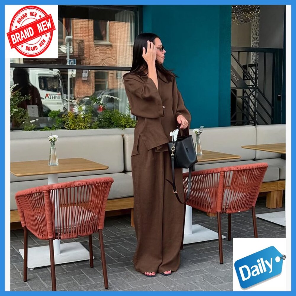 Large Cotton 2-Piece Outfit Batwing Sleeve Top Wide Leg Pants Tracksuit - Picture 5 of 5